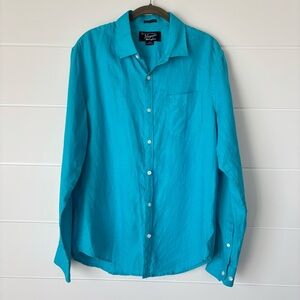 Original Penguin 100% Linen Aqua Blue Casual Button Down Shirt Men's Large
